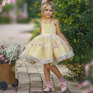COPY - Dollcake Yellow Lace Dress with Pink Accents